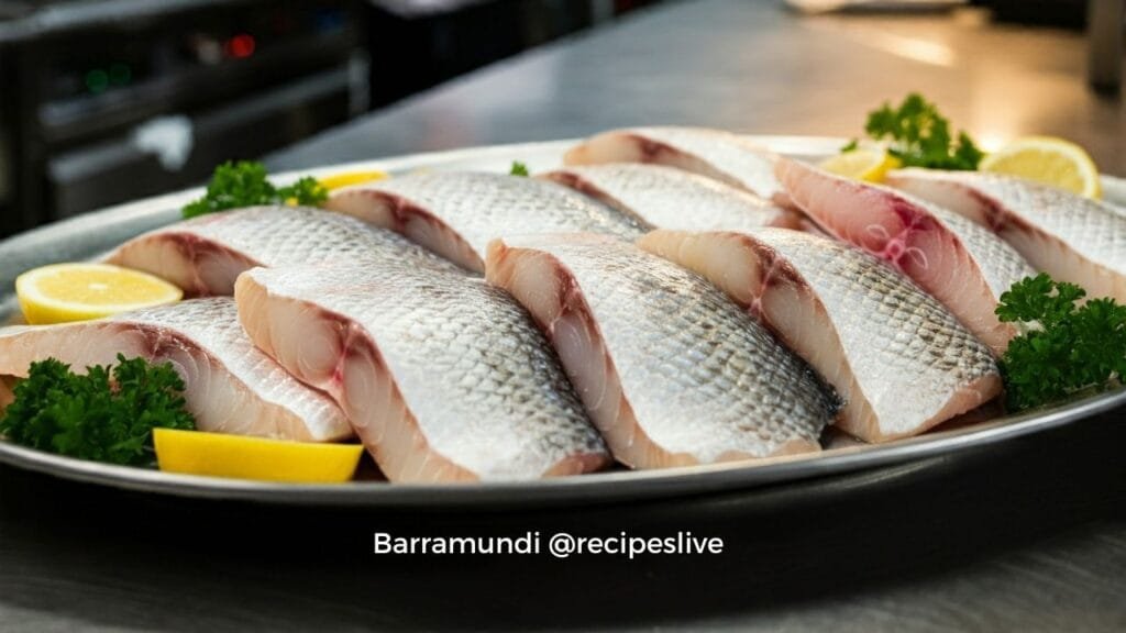 barramundi fish fillets on a metal platter