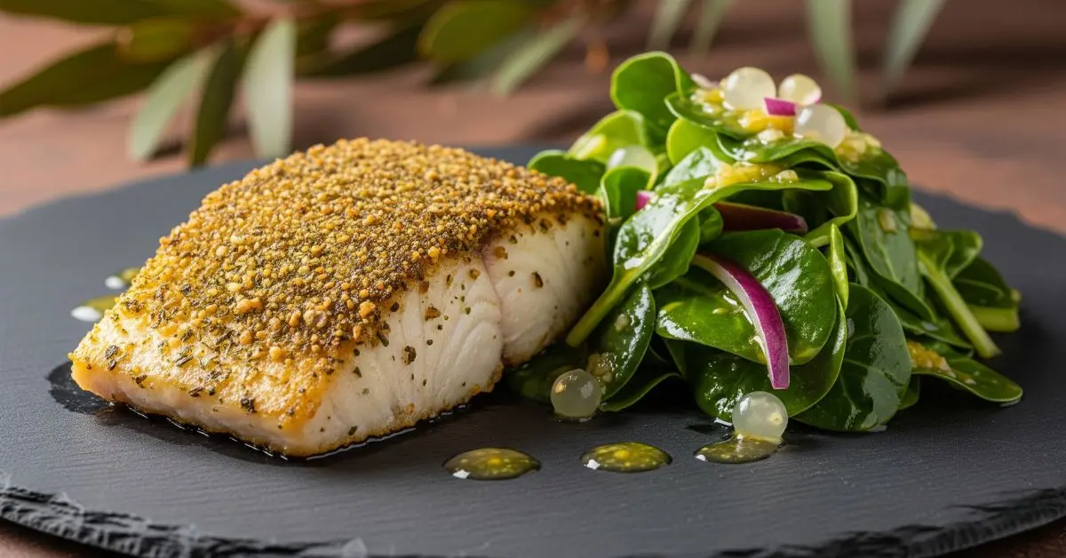 Mountain Pepper & Saltbush Crumbed Barramundi with Warrigal Greens & Finger Lime Salad