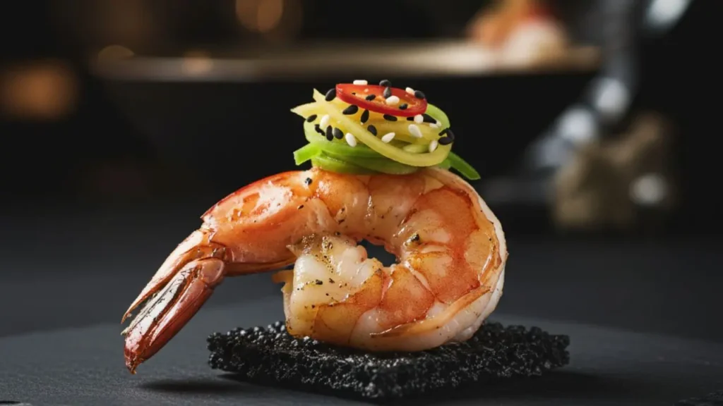 Seared King Prawn Canape with Green Mango and Chili