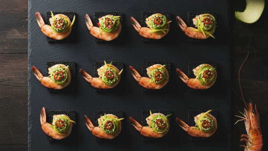 Seared King Prawn Canape with Green Mango and Chili