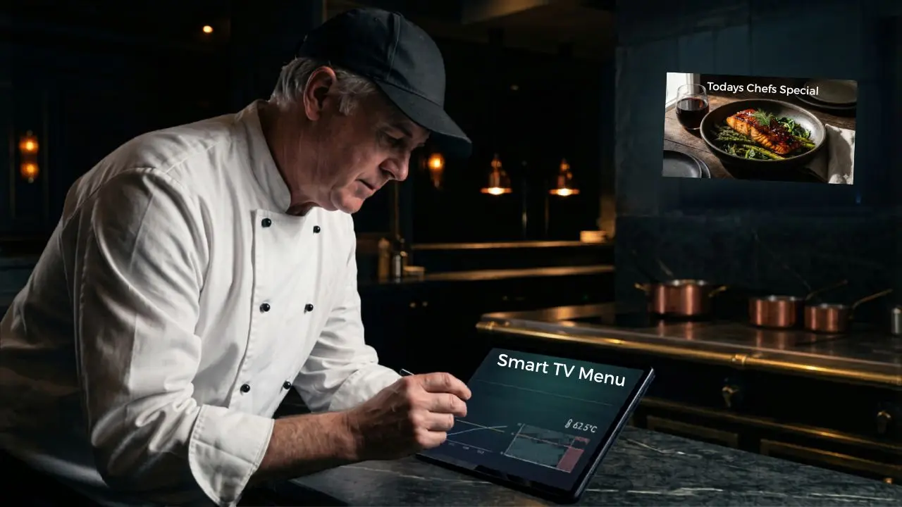 chef Brendan, founder of Recipes Live & Smart TV Menu setting a video on the restaurants display.